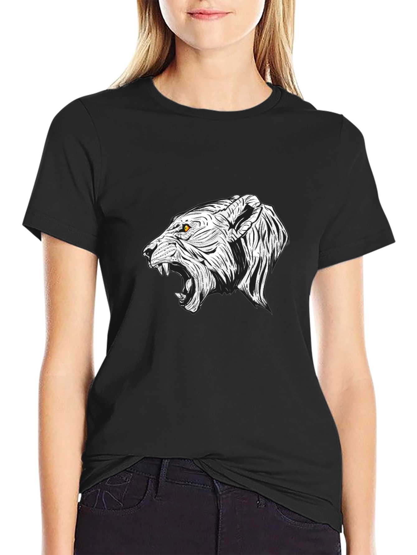 Mens Black T-Shirt with White Lion Graphic