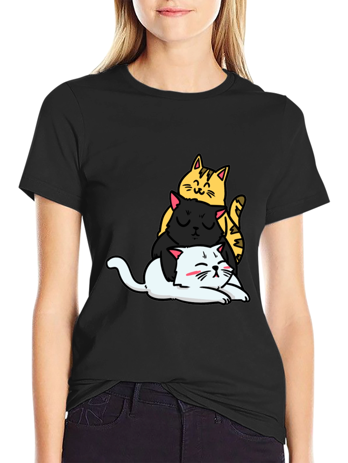 Stacked Cats Graphic Tee - Black Cotton T-Shirt