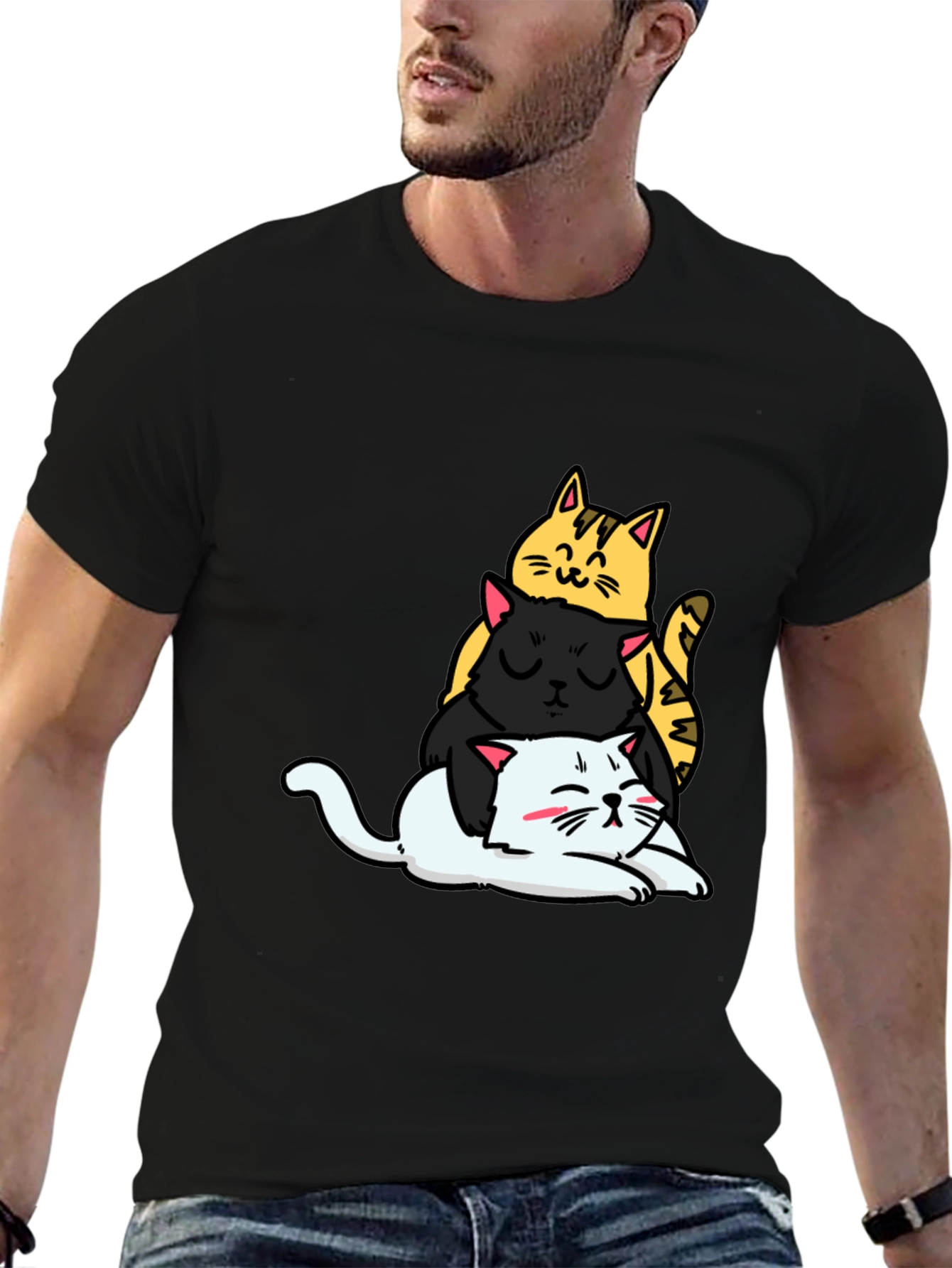 Stacked Cats Graphic Tee - Black Cotton T-Shirt