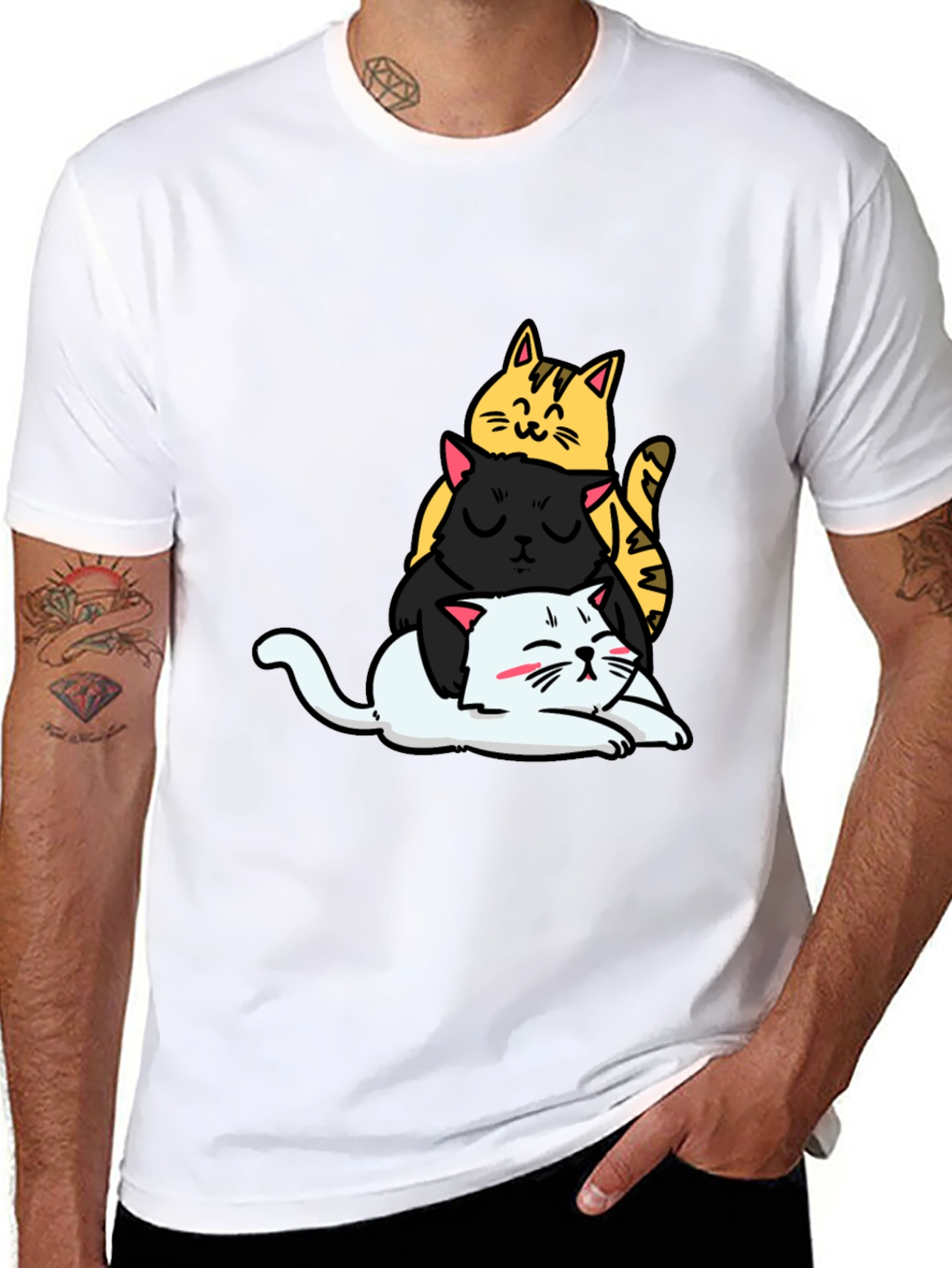 Stacked Cats Graphic Tee - Black Cotton T-Shirt