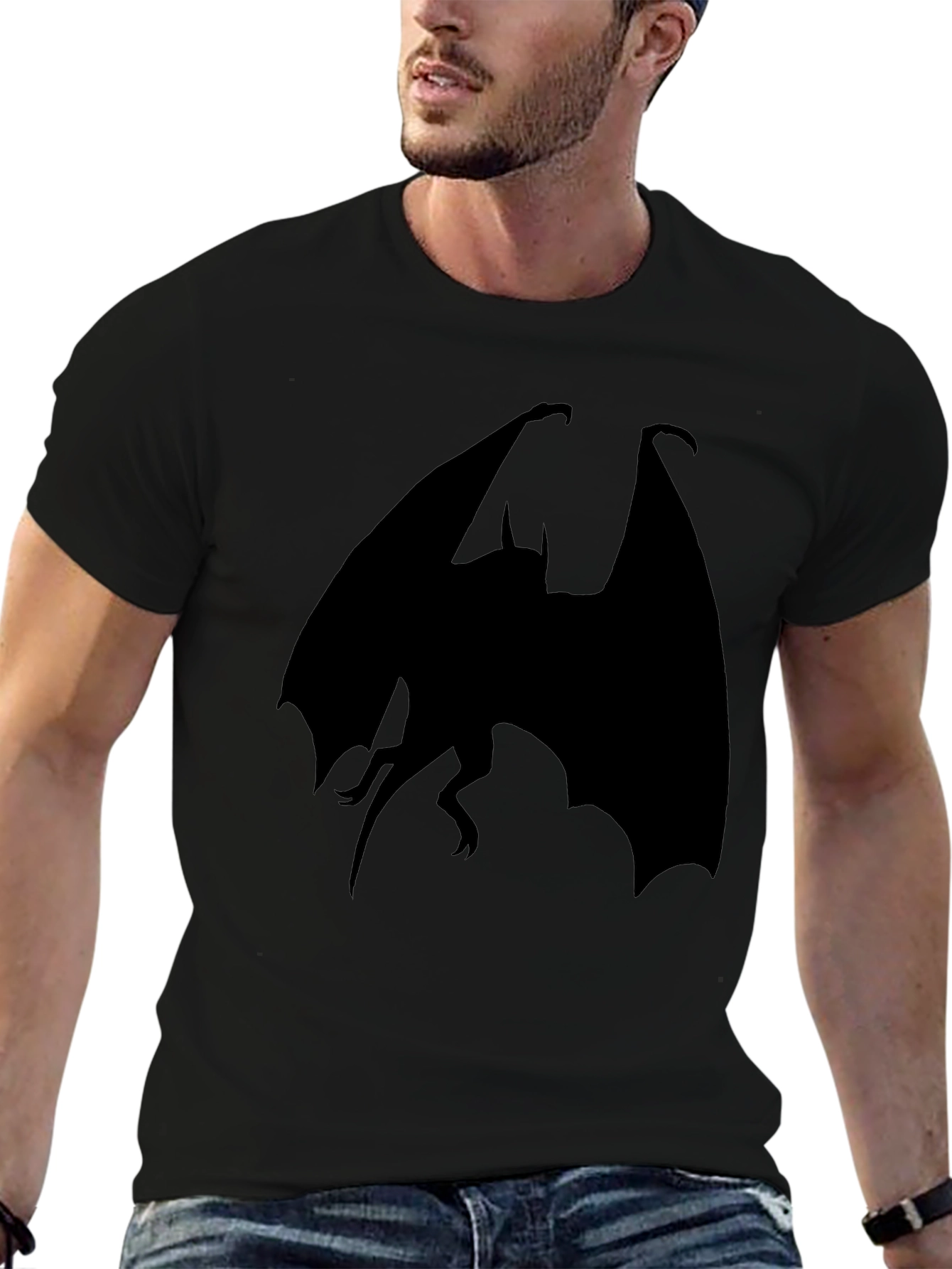 Black T-Shirt with Bat Silhouette Design