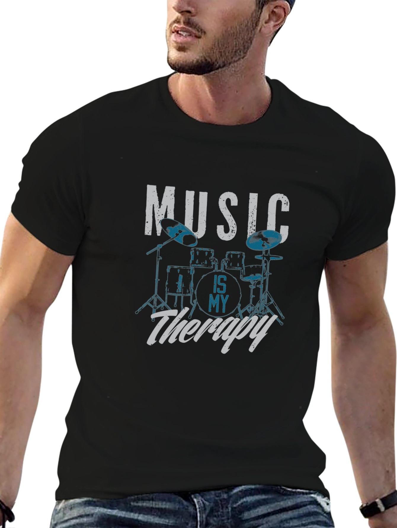 Music Is My Therapy Drum Set Graphic T-Shirt