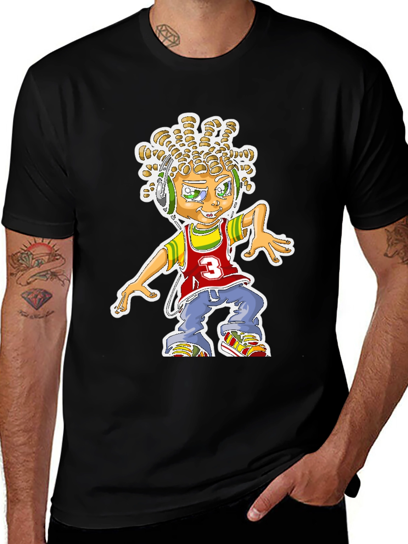 Cartoon Graphic Print T-Shirt - Black Cotton Blend