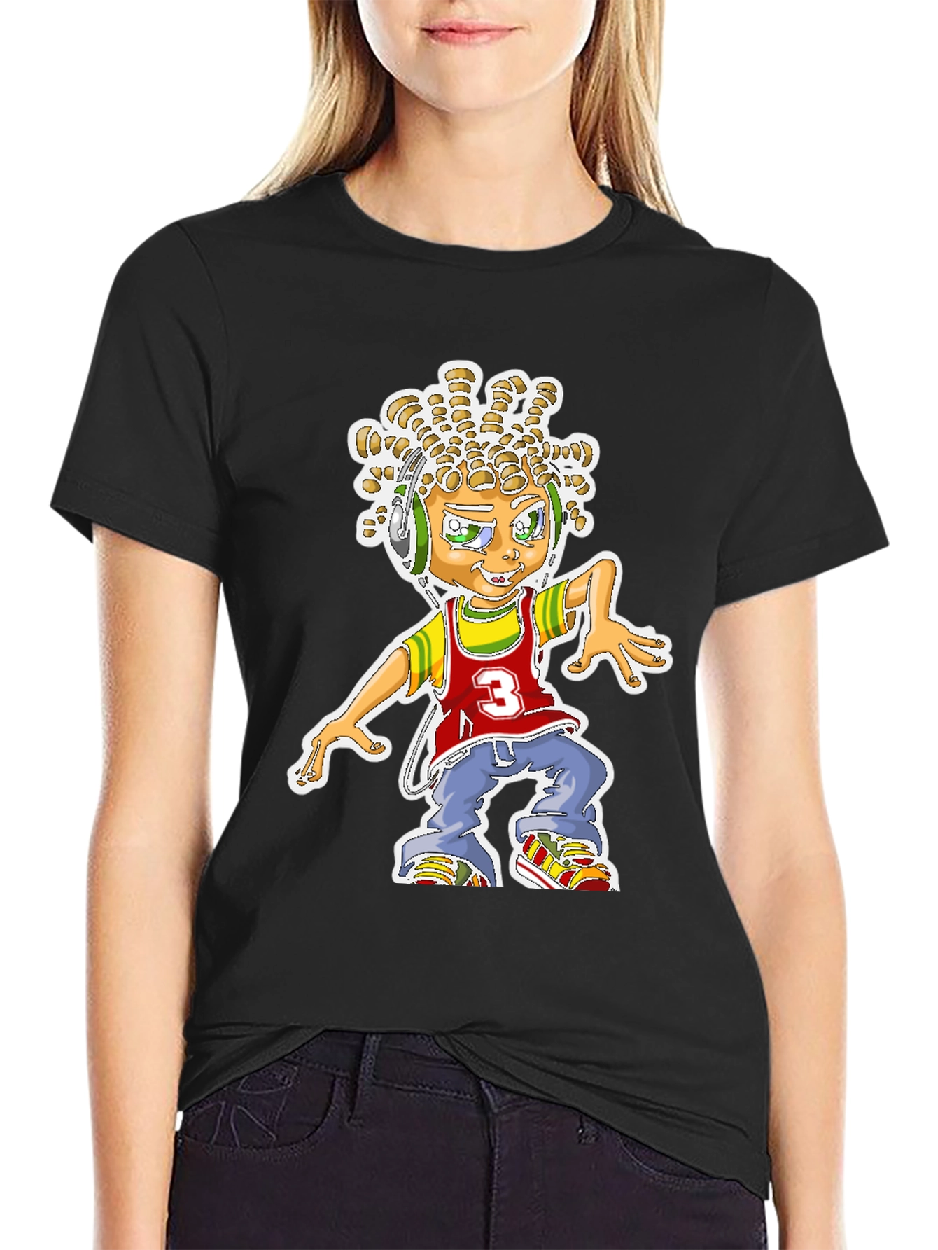 Cartoon Graphic Print T-Shirt - Black Cotton Blend
