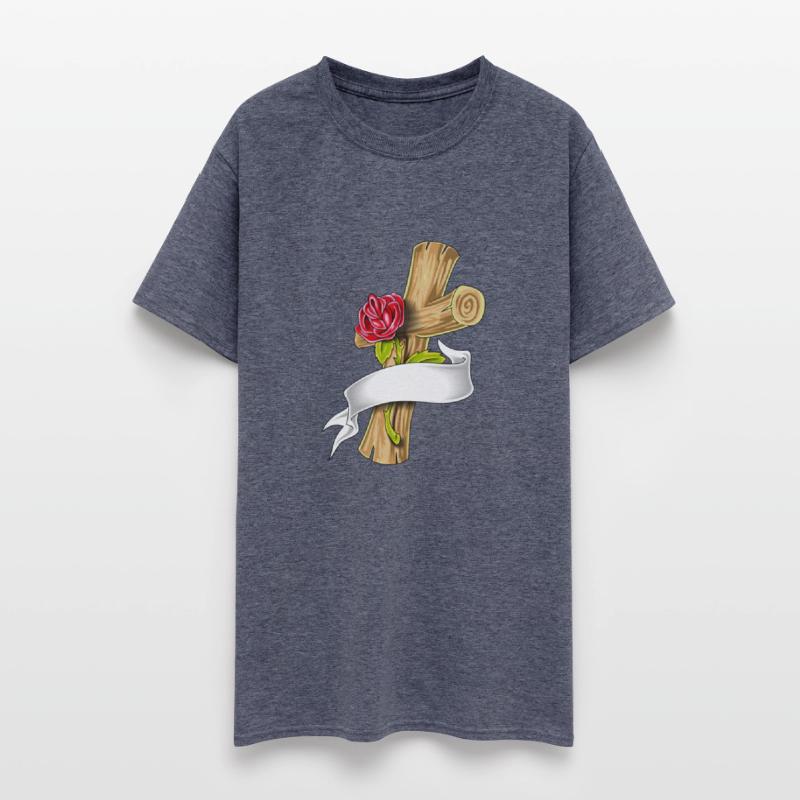 wooden cross with red rose and white ribbon