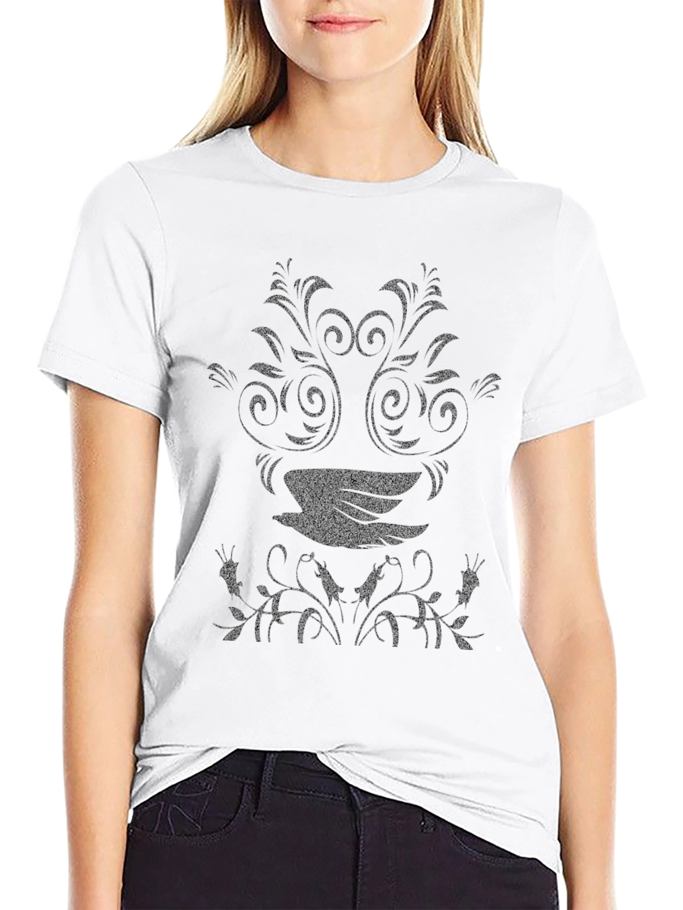 Black T-Shirt with Floral Bird Design