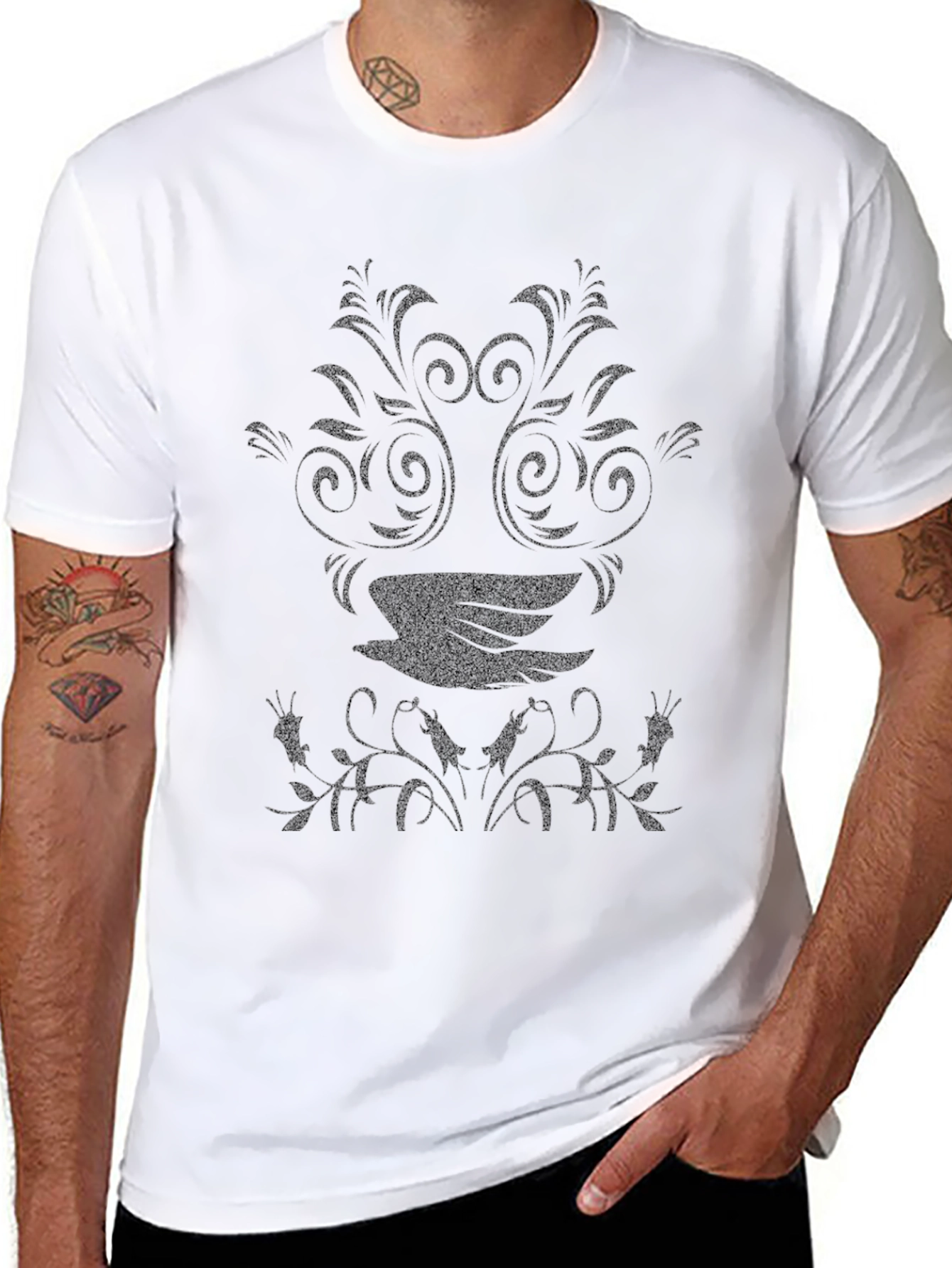 Black T-Shirt with Floral Bird Design