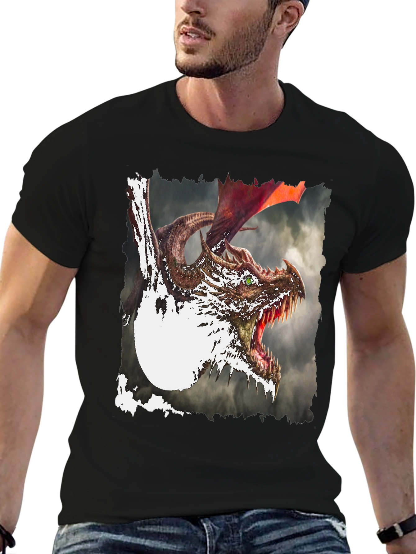 Dragon Graphic Print Tee - Mythical Creature Black T-Shirt