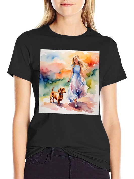 Watercolor Woman and Dog Graphic Tee - Soft Cotton