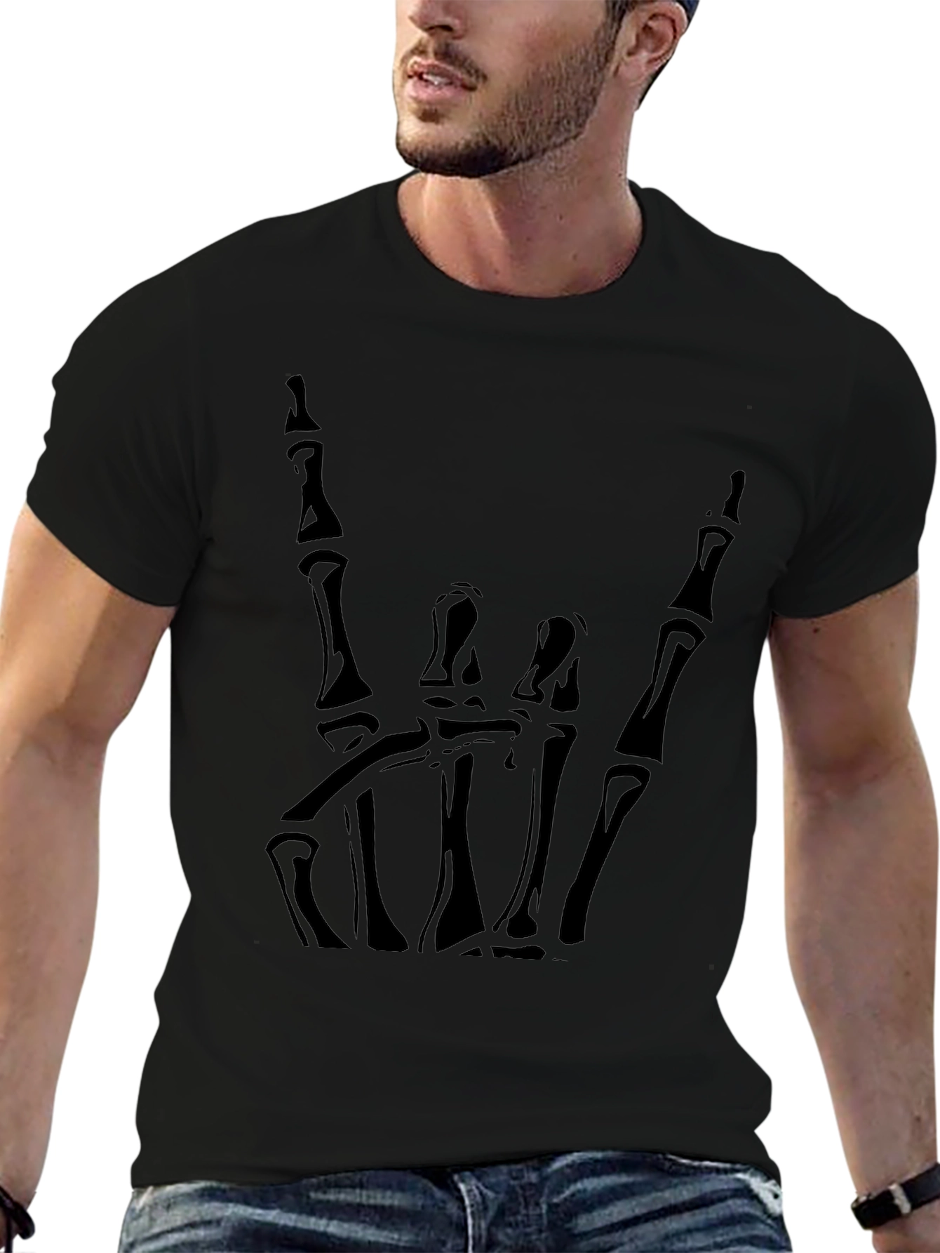 Rock On Skeleton Hand Graphic Tee - Black