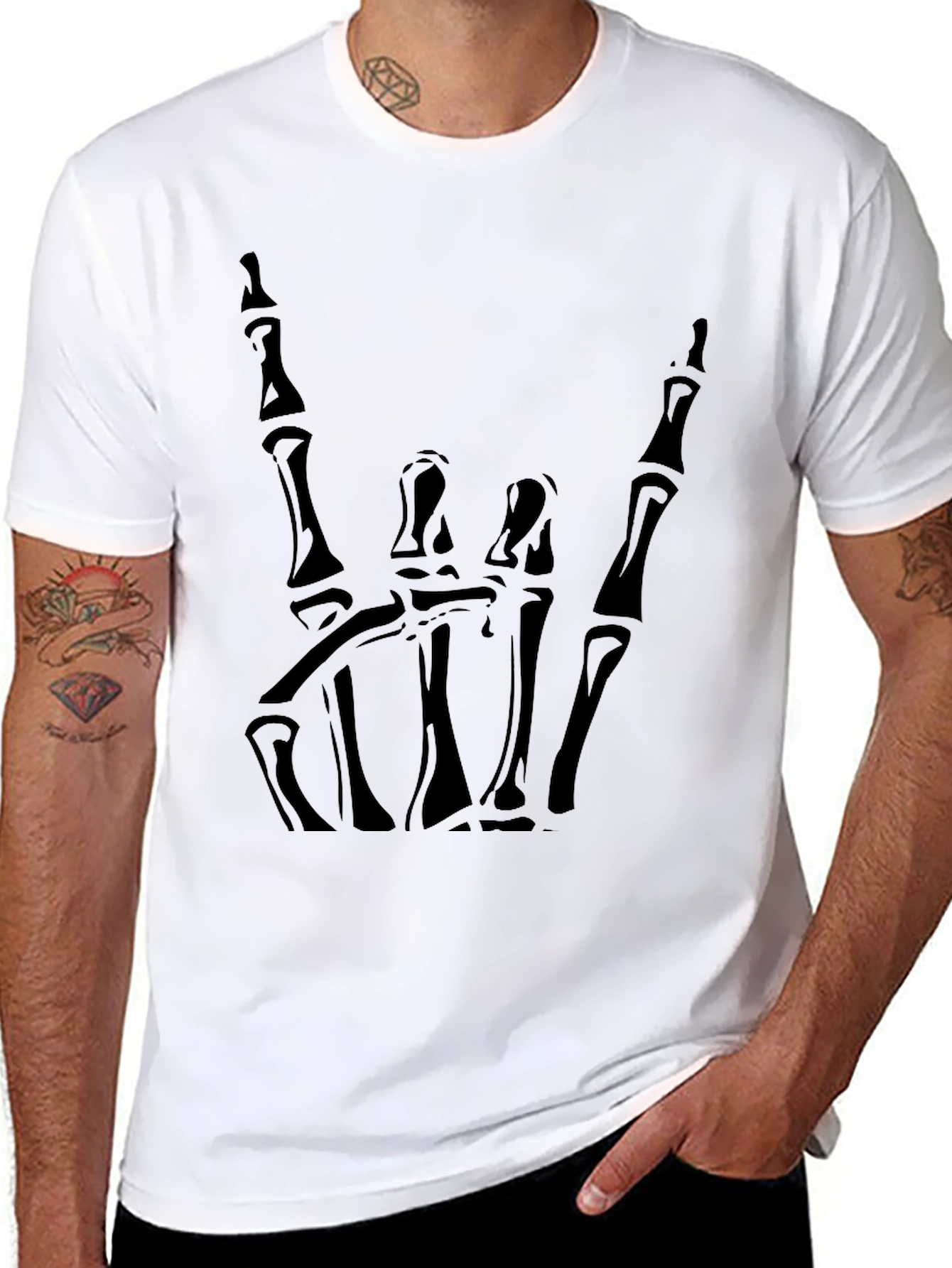 Rock On Skeleton Hand Graphic Tee - Black