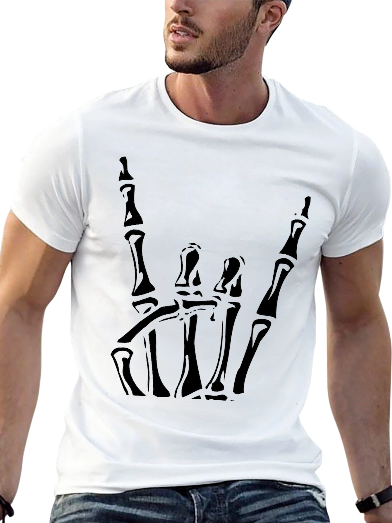 Rock On Skeleton Hand Graphic Tee - Black