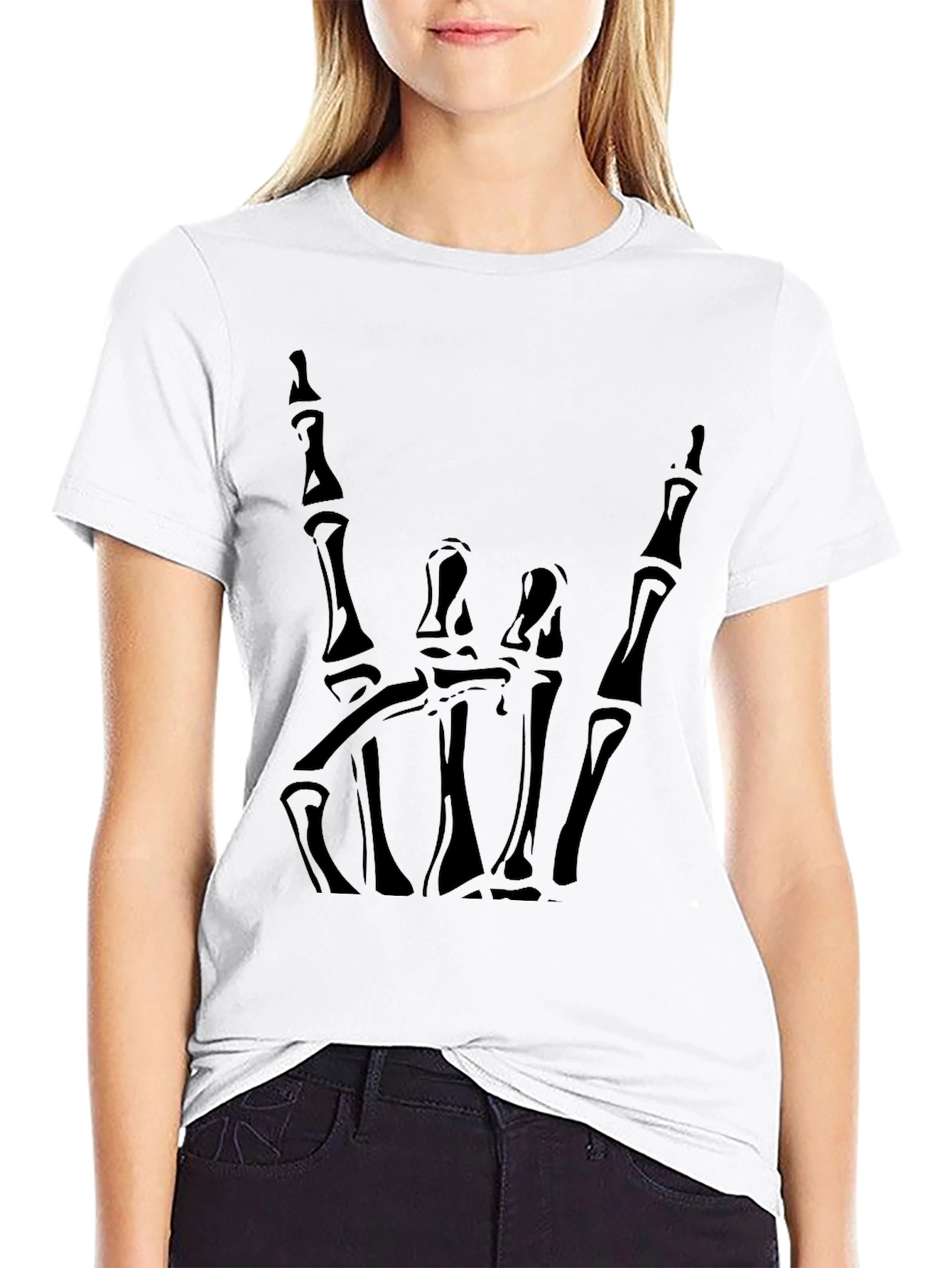 Rock On Skeleton Hand Graphic Tee - Black