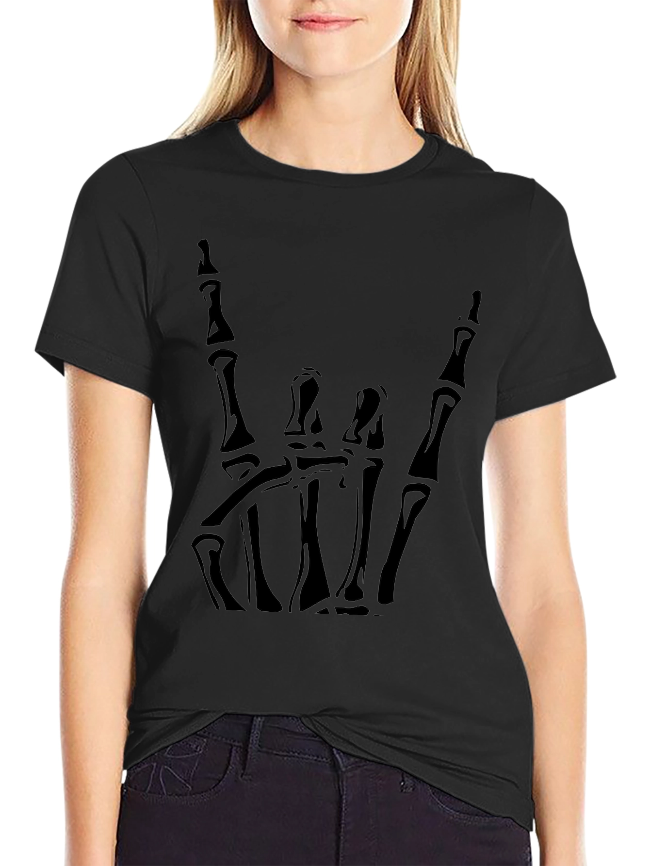 Rock On Skeleton Hand Graphic Tee - Black