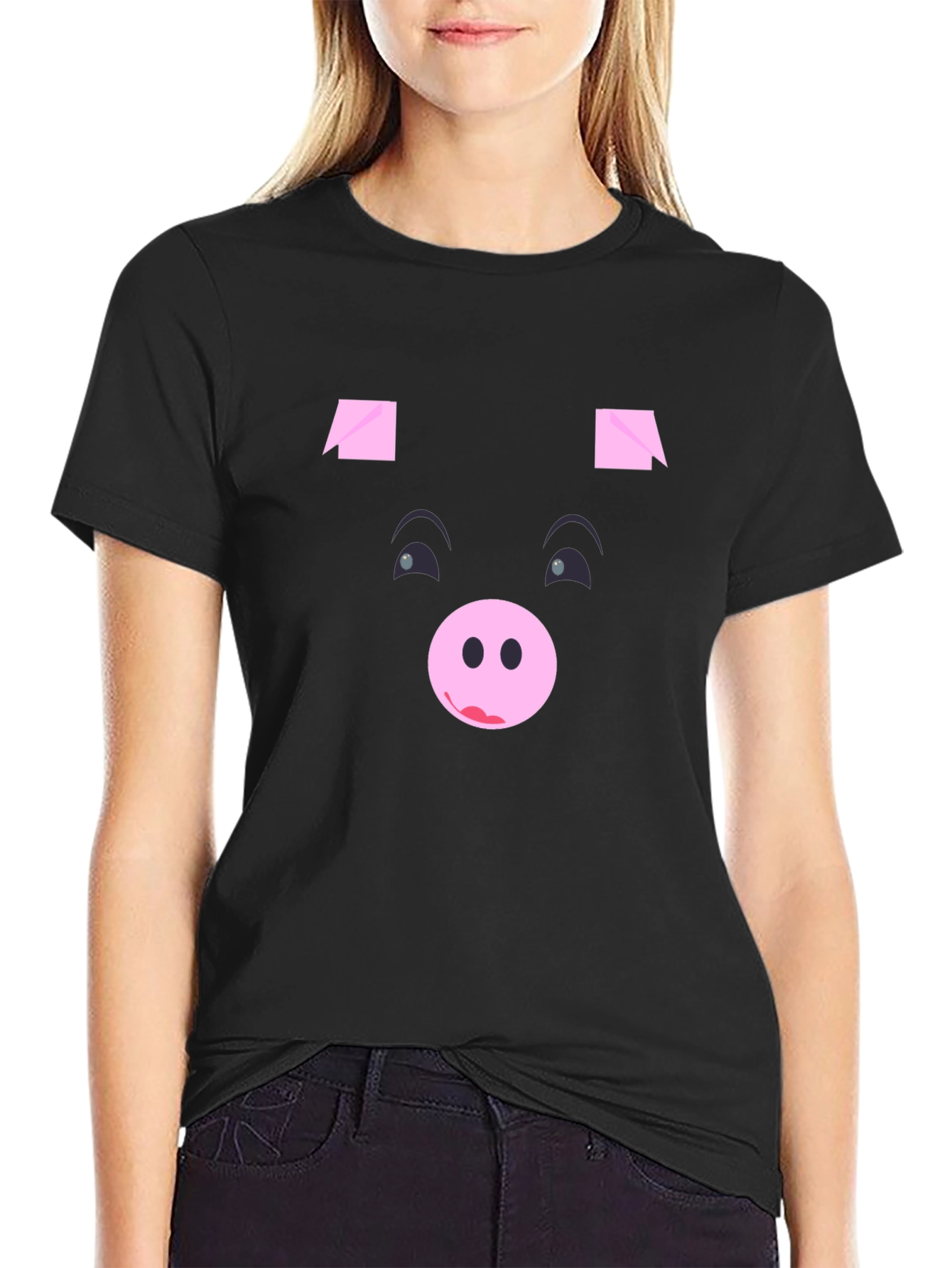 Funny Pig Face Black Graphic T-Shirt
