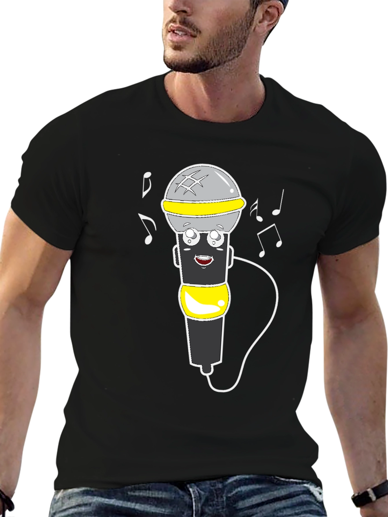 Cartoon Microphone Graphic Tee - Black T-Shirt