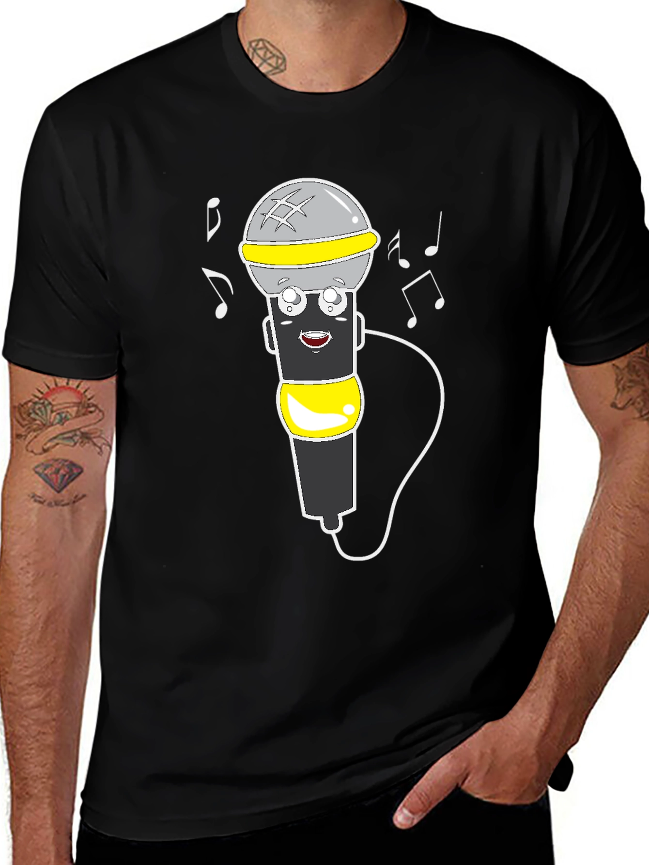 Cartoon Microphone Graphic Tee - Black T-Shirt