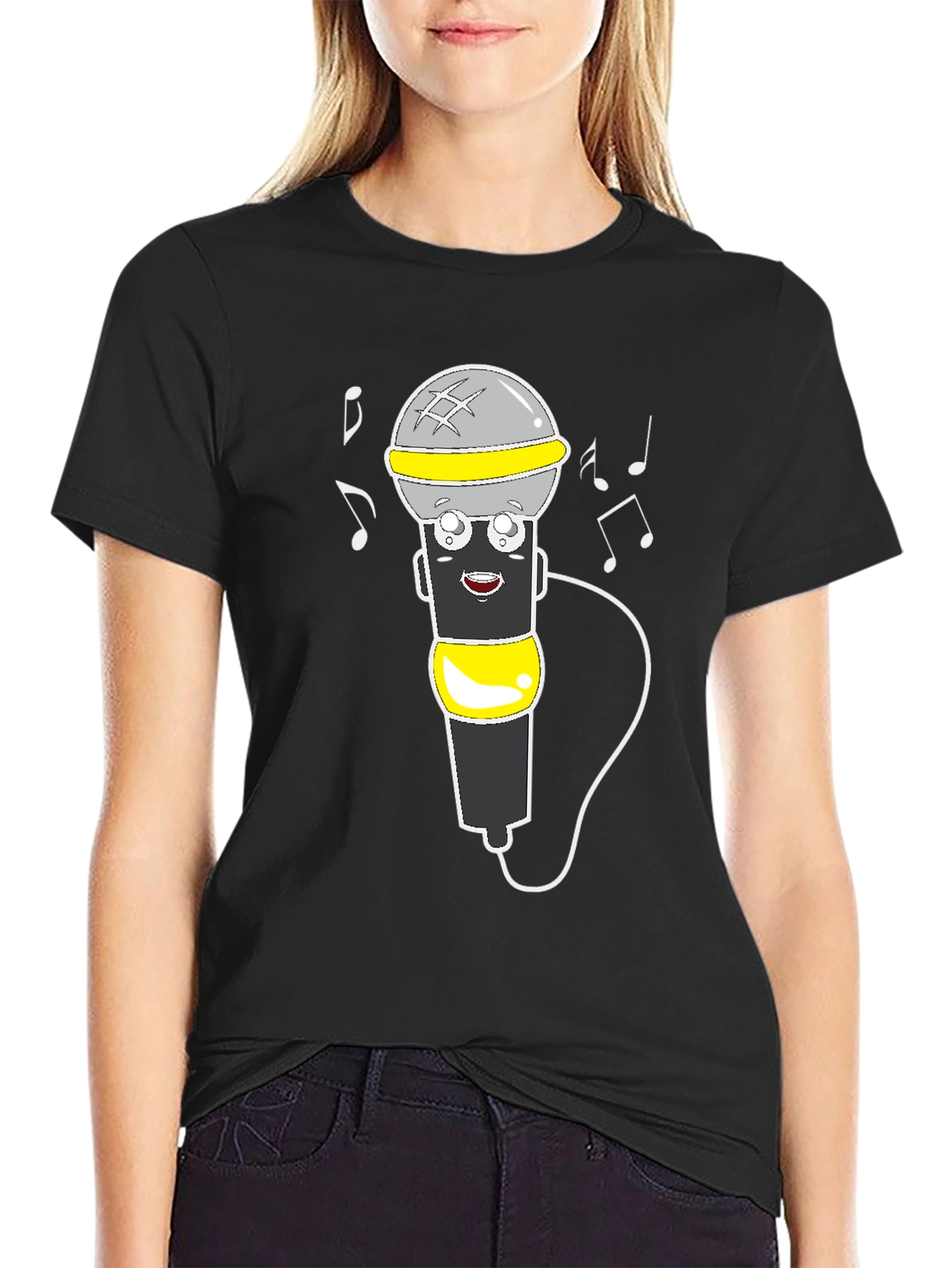 Cartoon Microphone Graphic Tee - Black T-Shirt