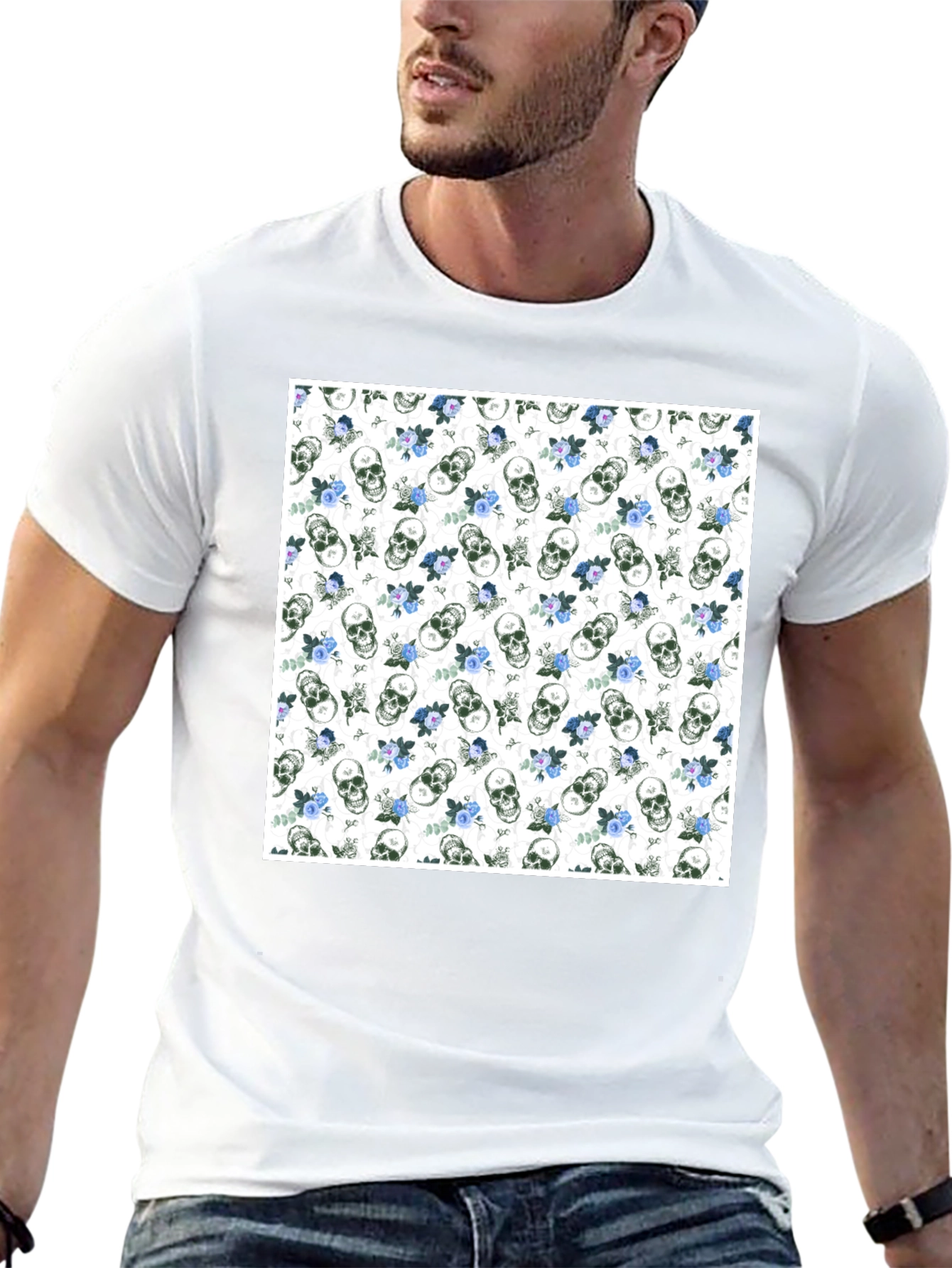 Skull & Roses Print Black Crew Neck T-Shirt