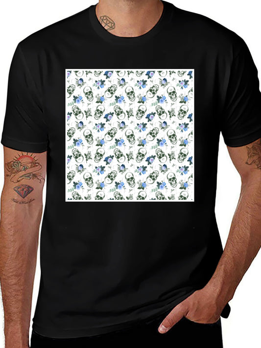 Skull & Roses Print Black Crew Neck T-Shirt