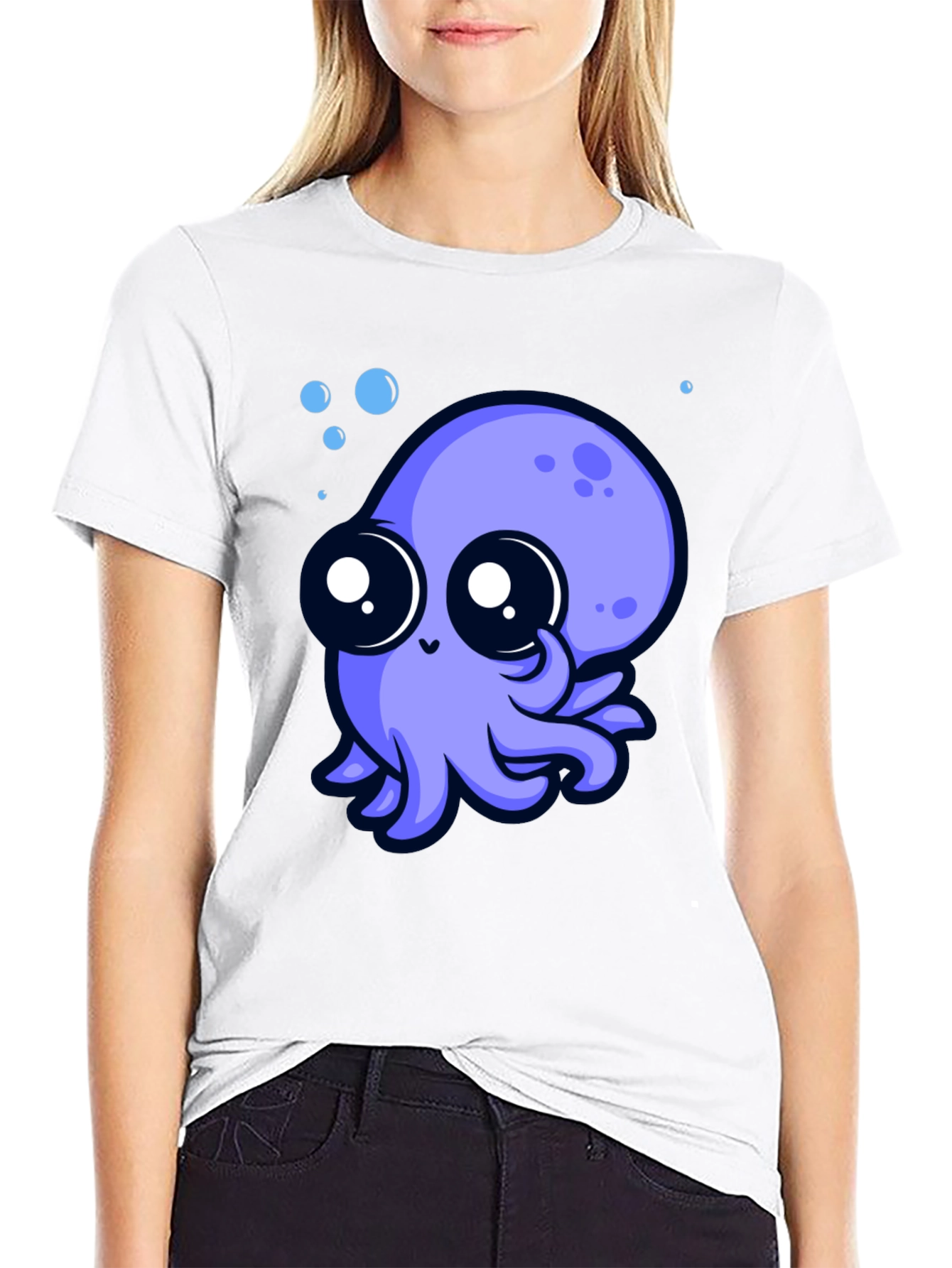 Cute Octopus Graphic Tee - Black Cotton T-Shirt