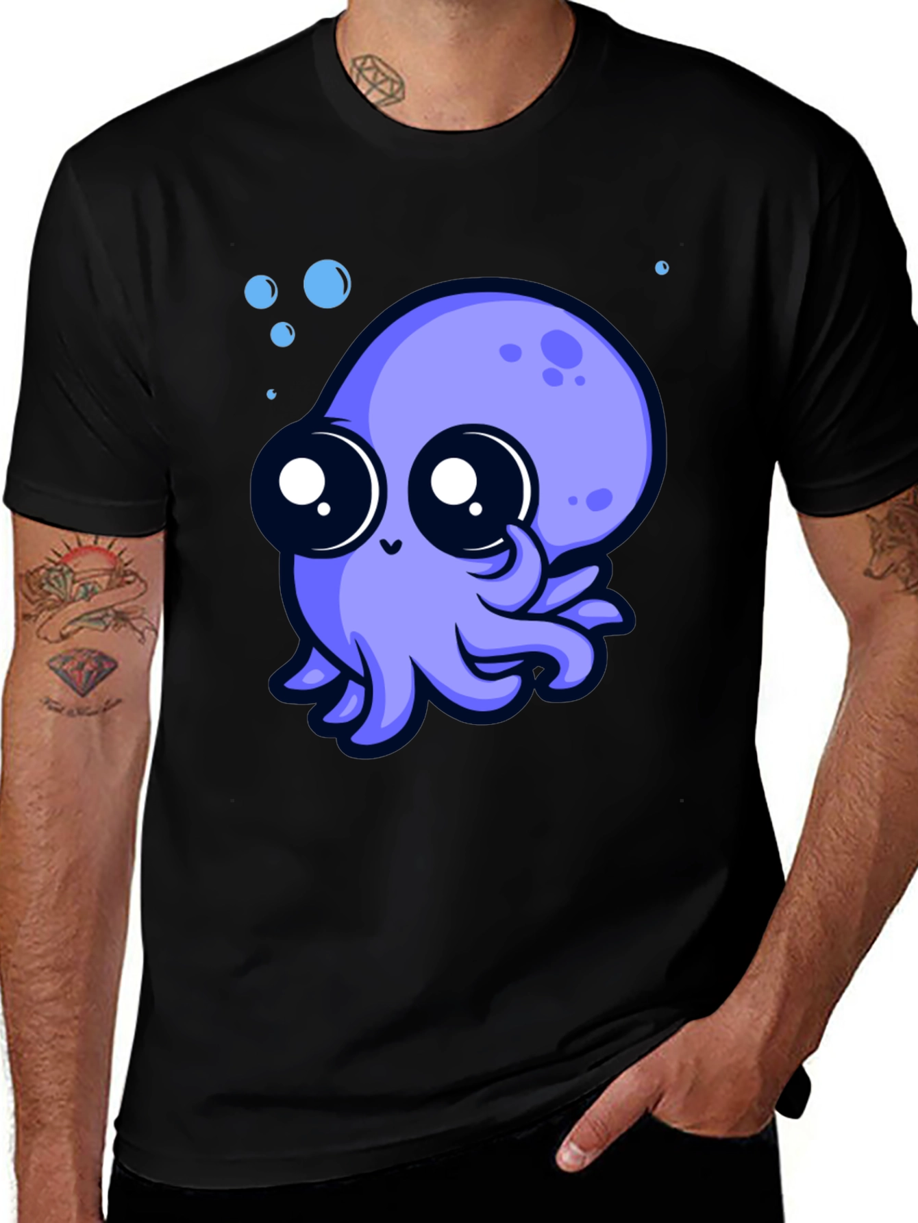 Cute Octopus Graphic Tee - Black Cotton T-Shirt