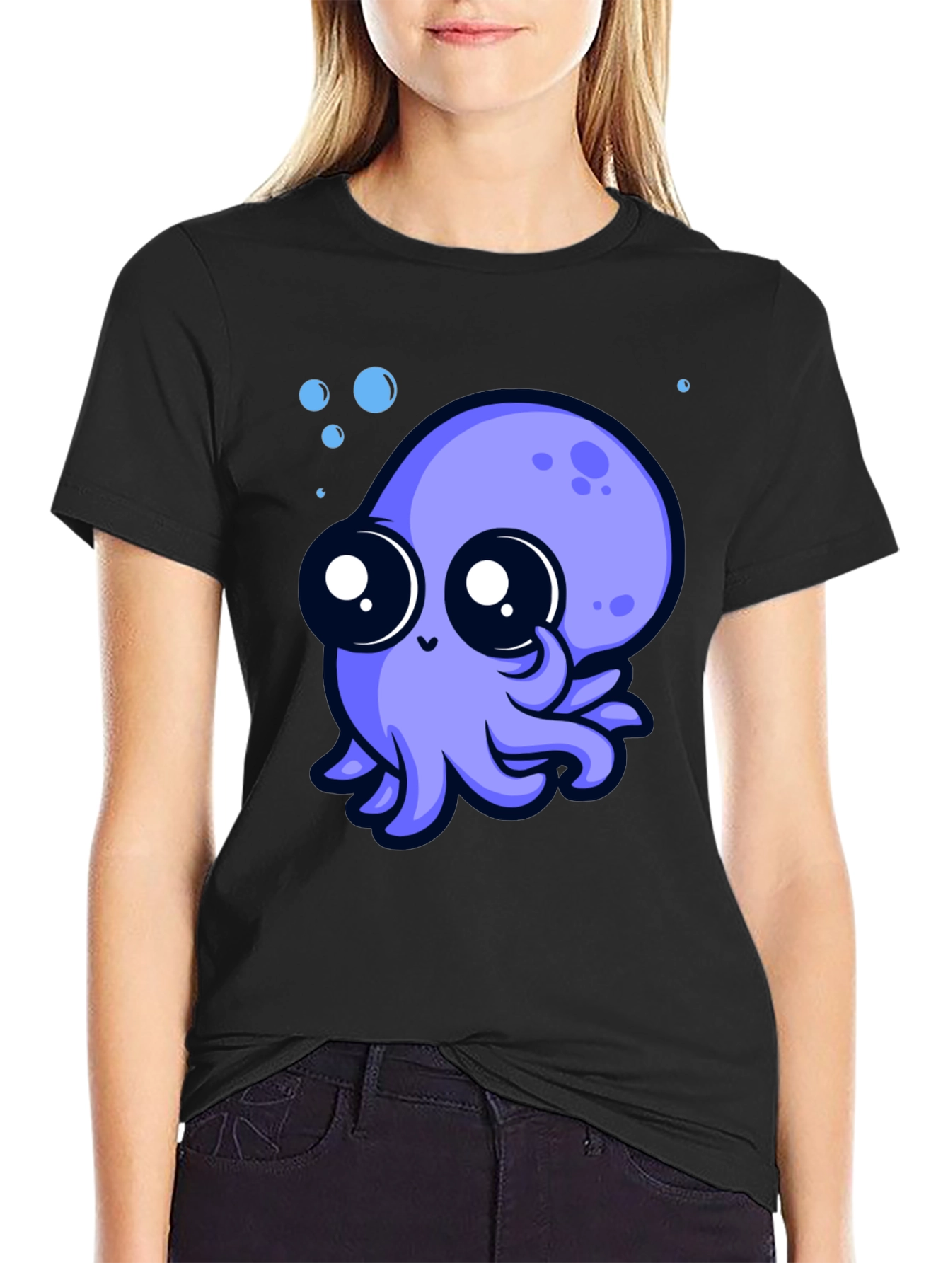 Cute Octopus Graphic Tee - Black Cotton T-Shirt