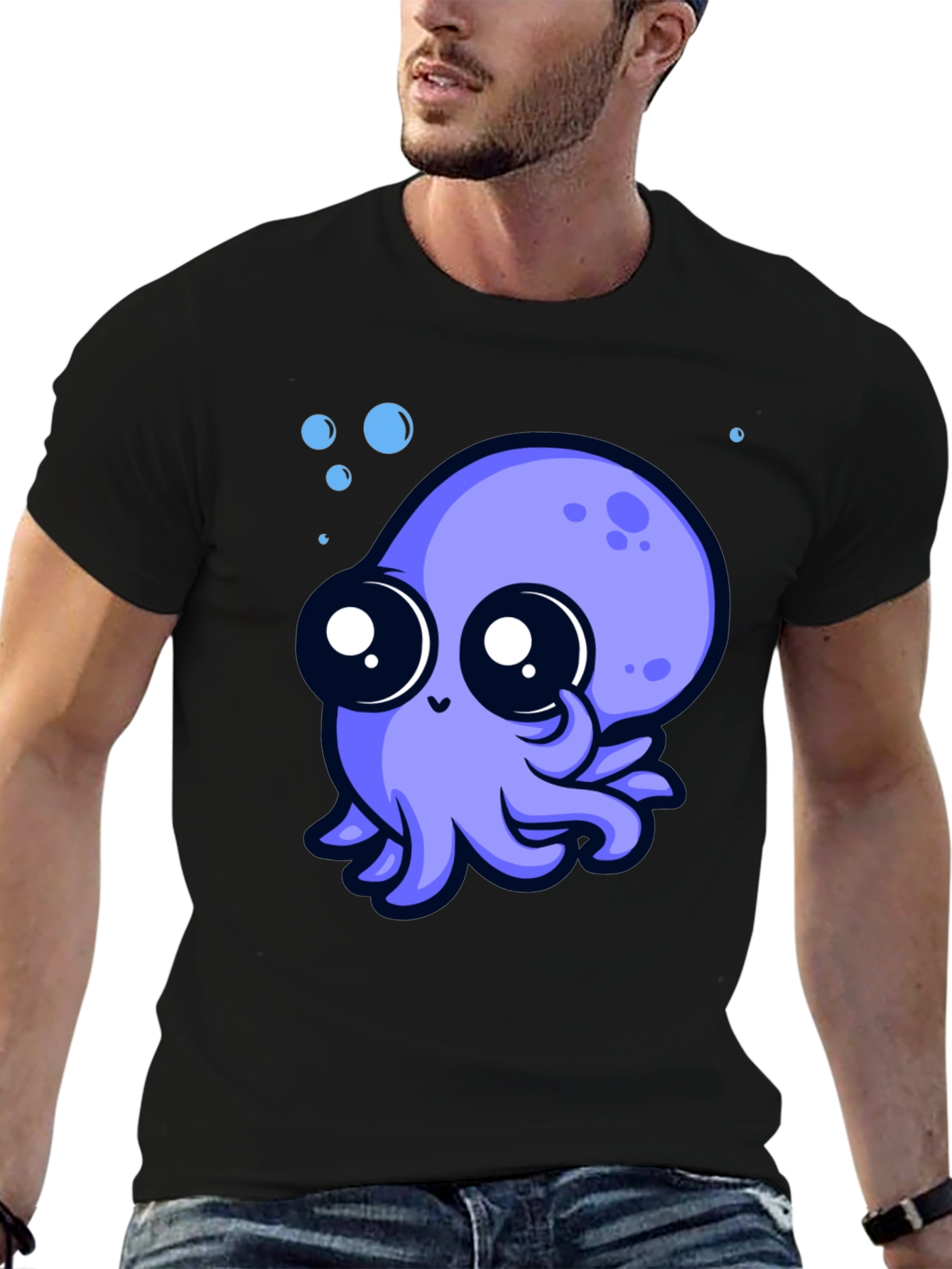 Cute Octopus Graphic Tee - Black Cotton T-Shirt