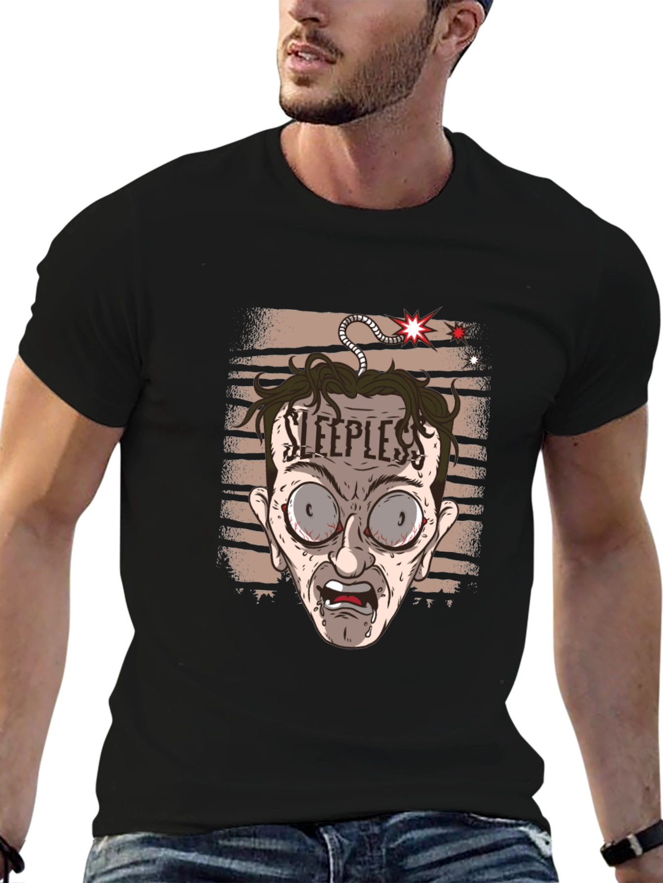 Sleepless Cartoon Graphic Tee - Black