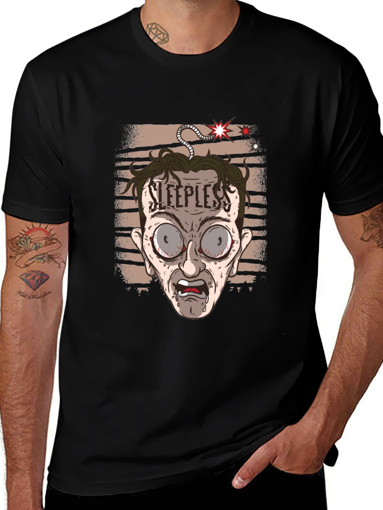 Sleepless Cartoon Graphic Tee - Black