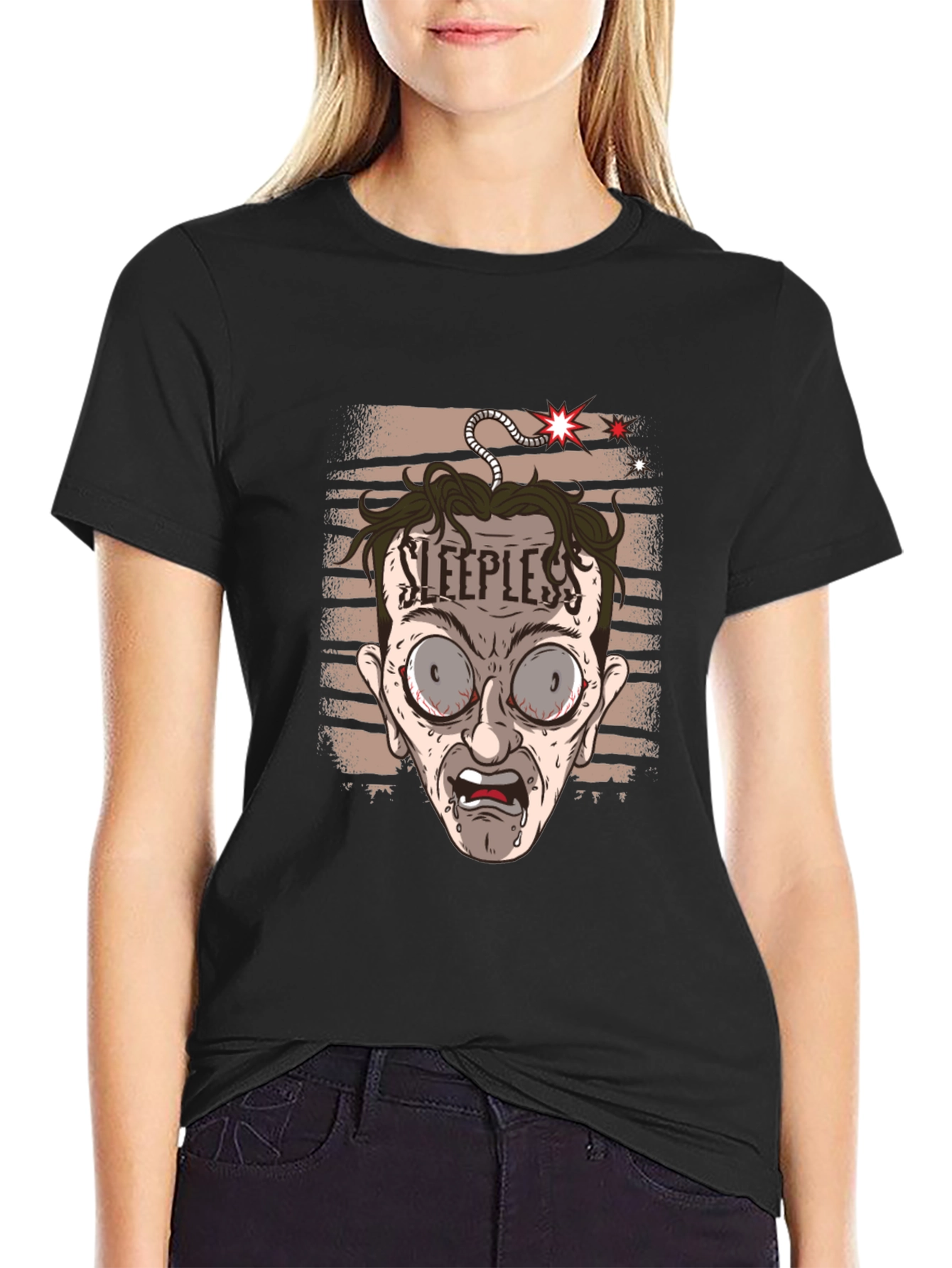 Sleepless Cartoon Graphic Tee - Black