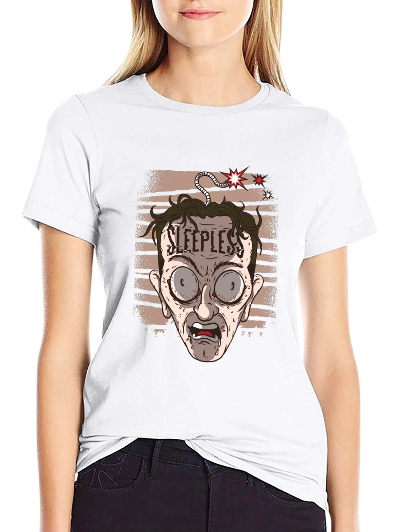 Sleepless Cartoon Graphic Tee - Black