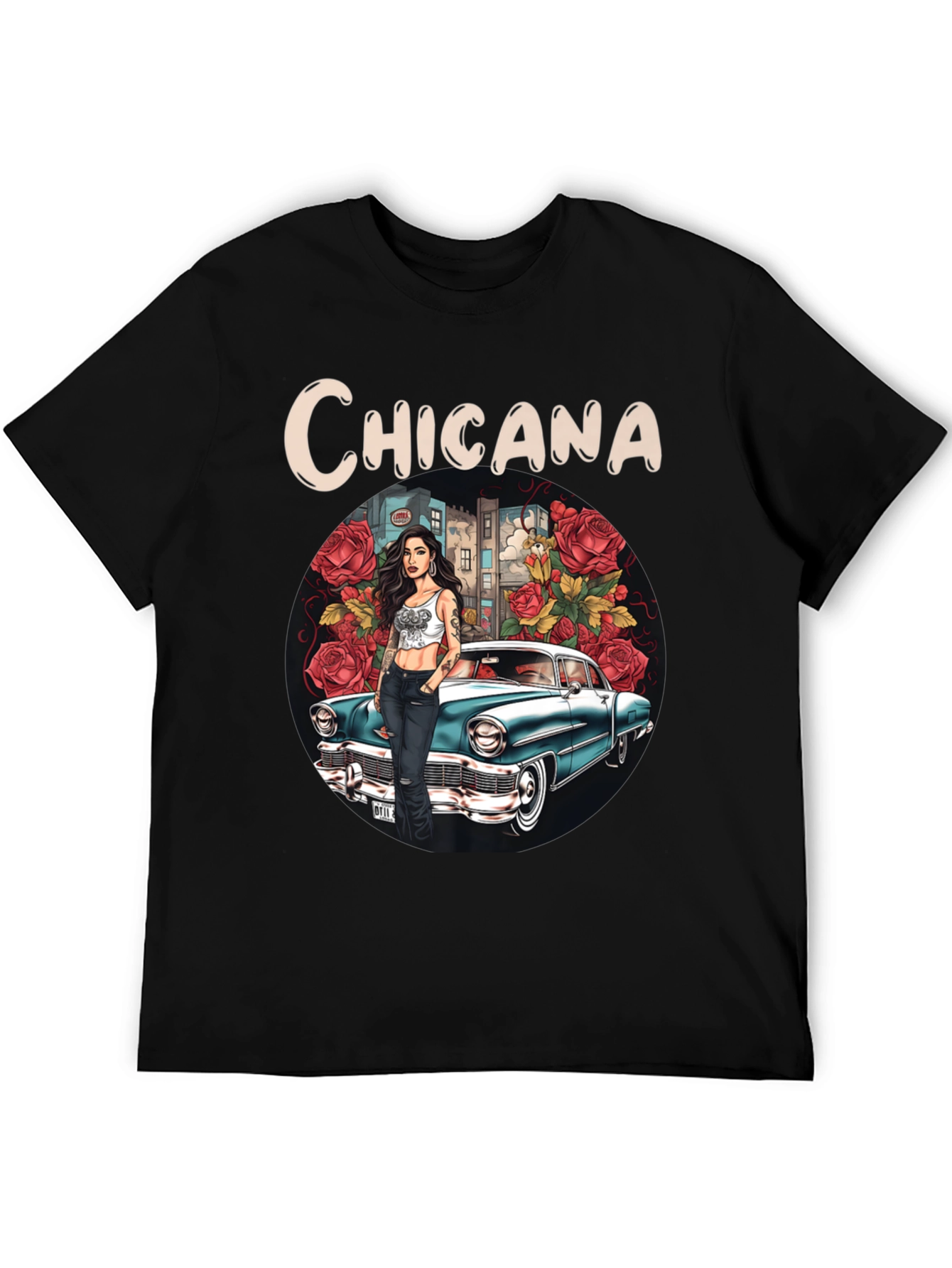 Chicana T-Shirt: Classic Car & Rose Design