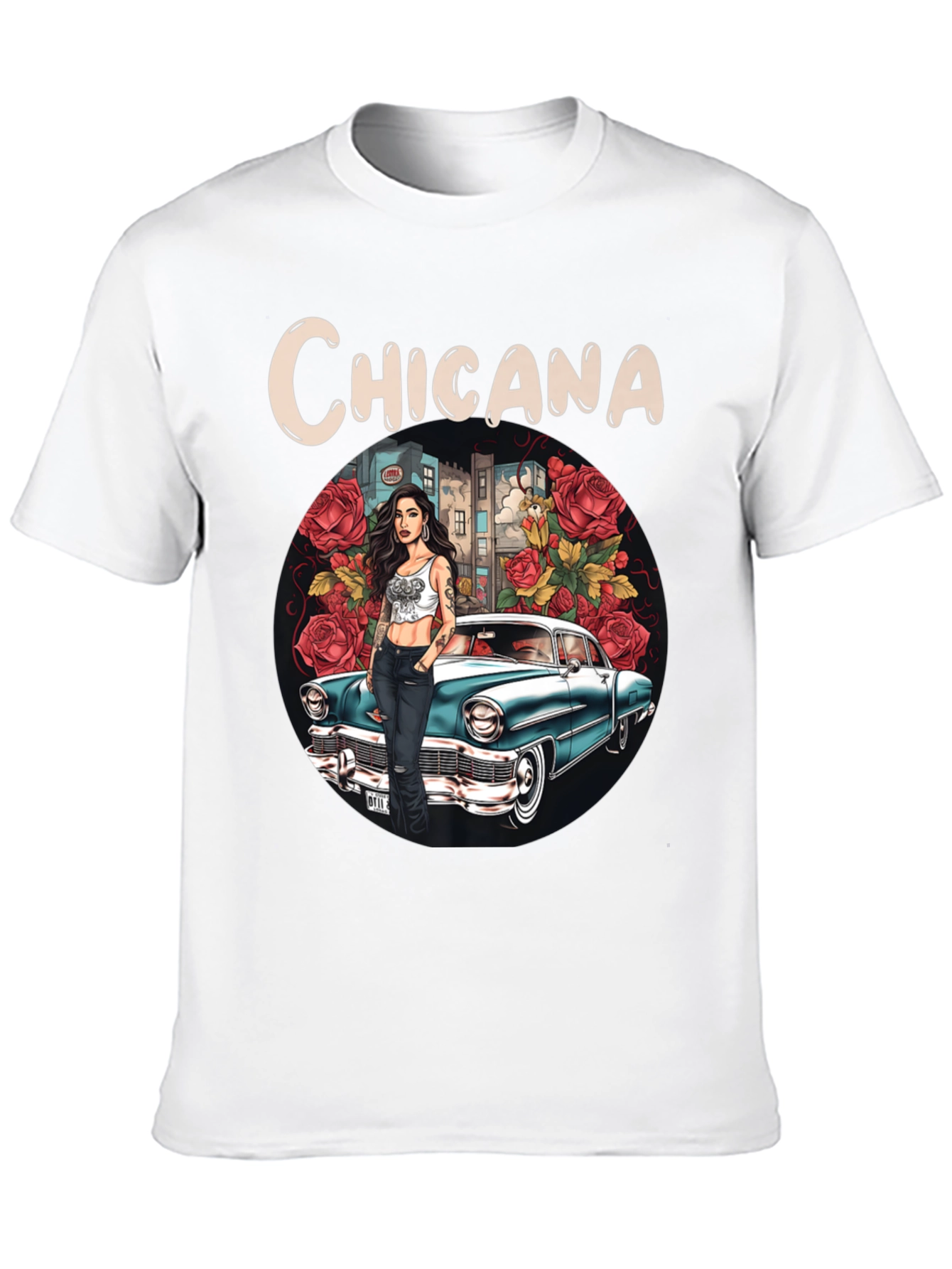 Chicana T-Shirt: Classic Car & Rose Design