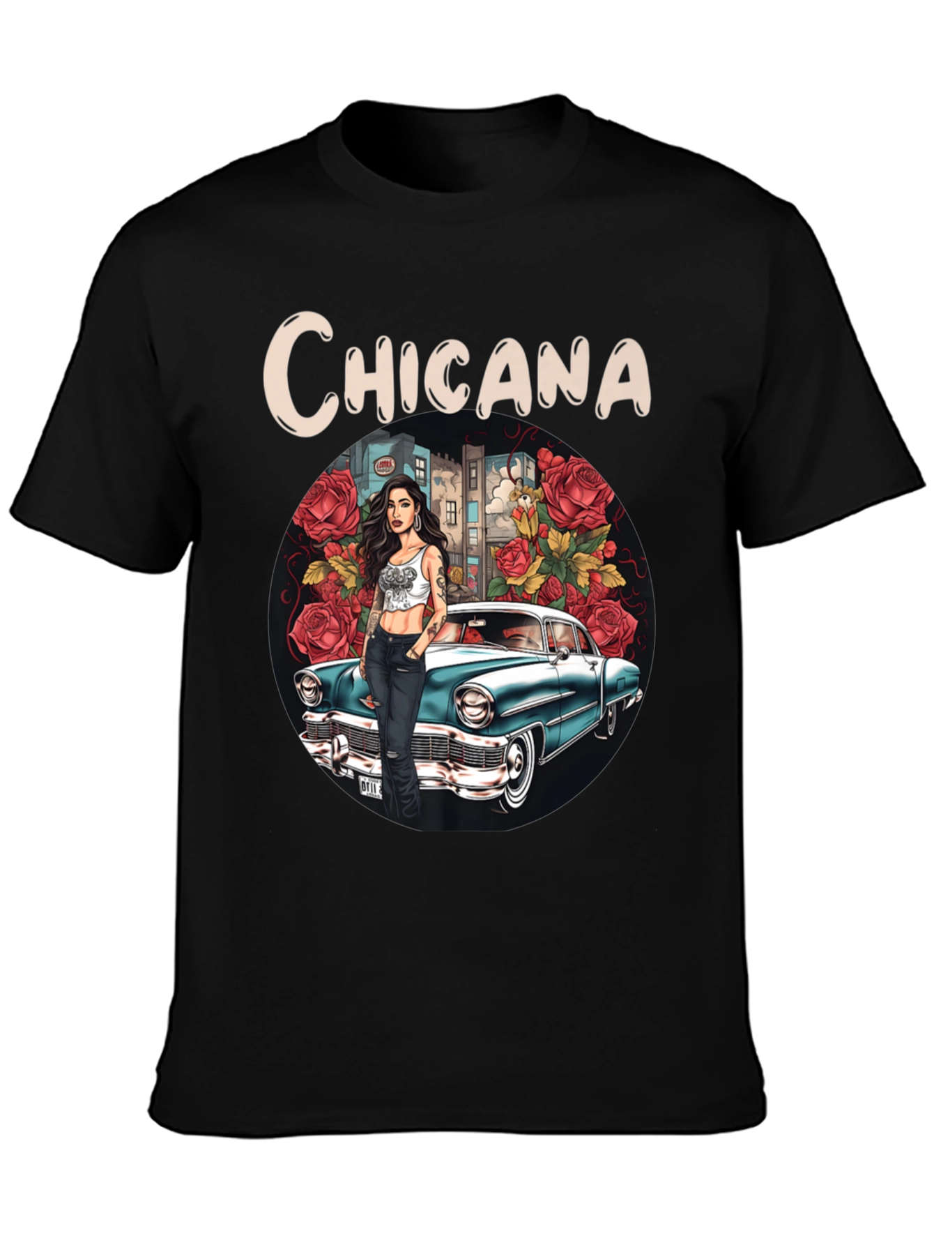 Chicana T-Shirt: Classic Car & Rose Design