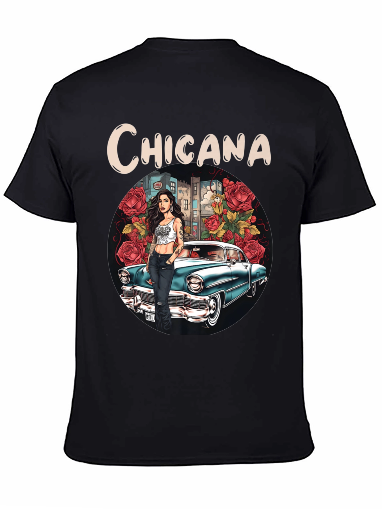 Chicana T-Shirt: Classic Car & Rose Design