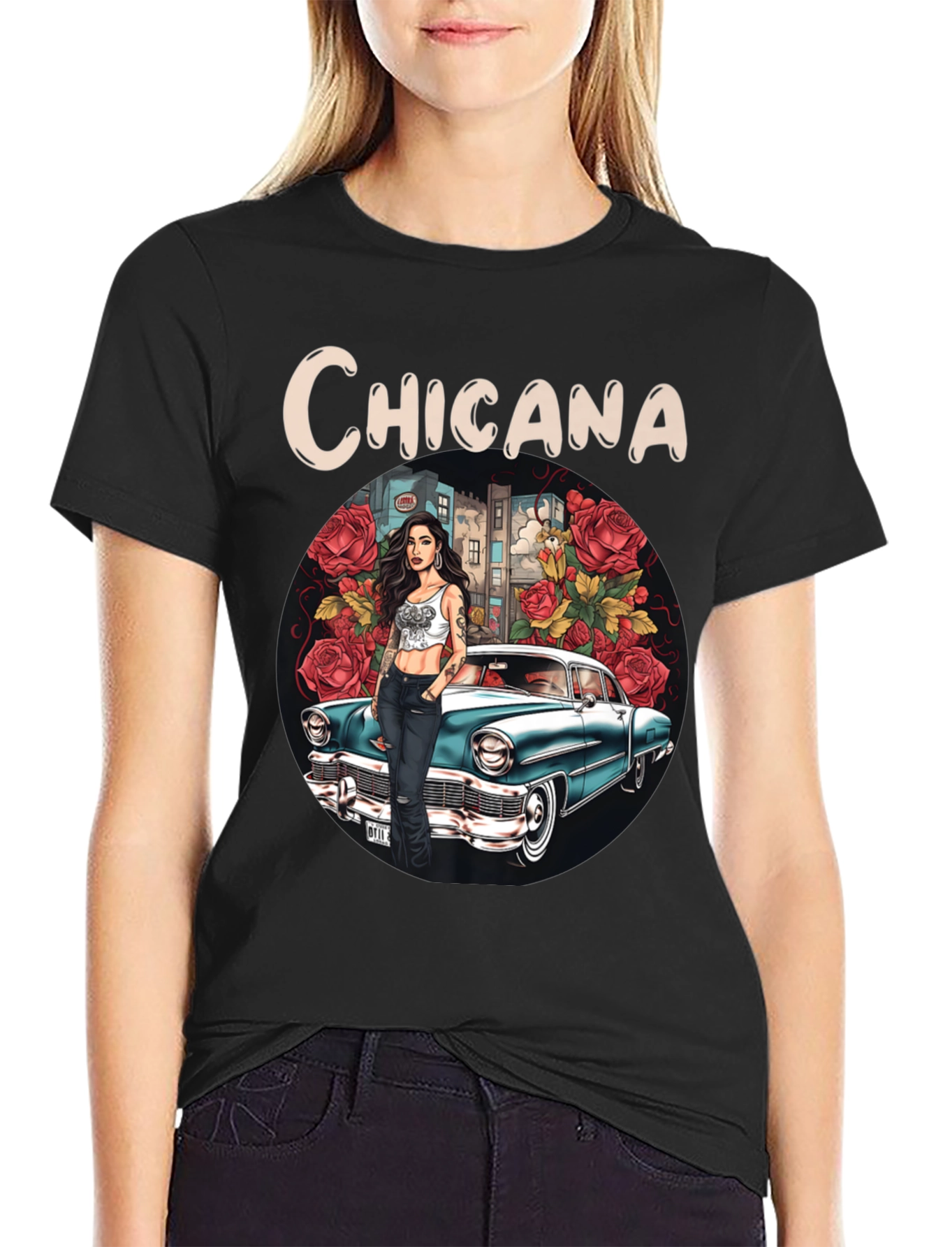 Chicana T-Shirt: Classic Car & Rose Design