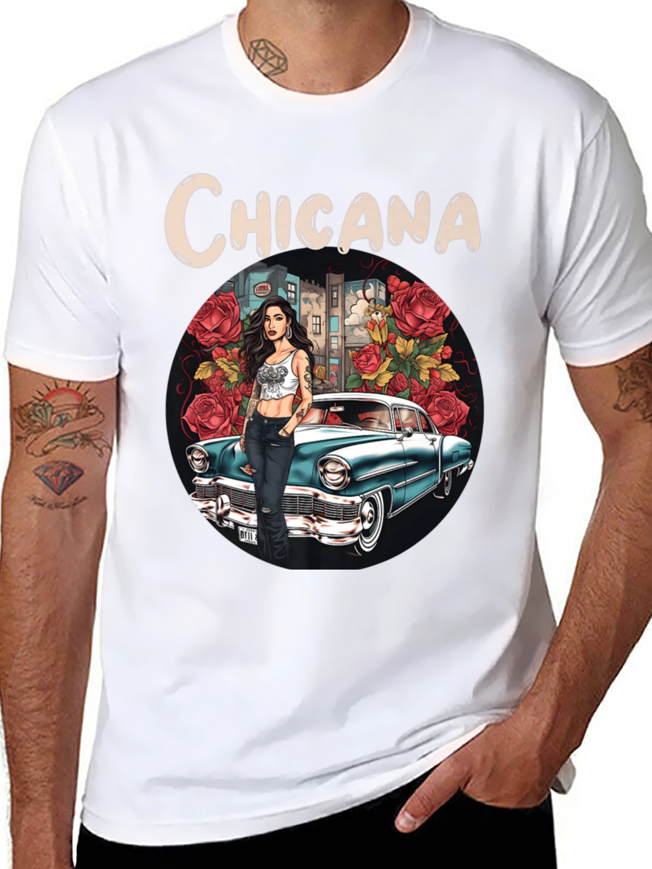 Chicana T-Shirt: Classic Car & Rose Design