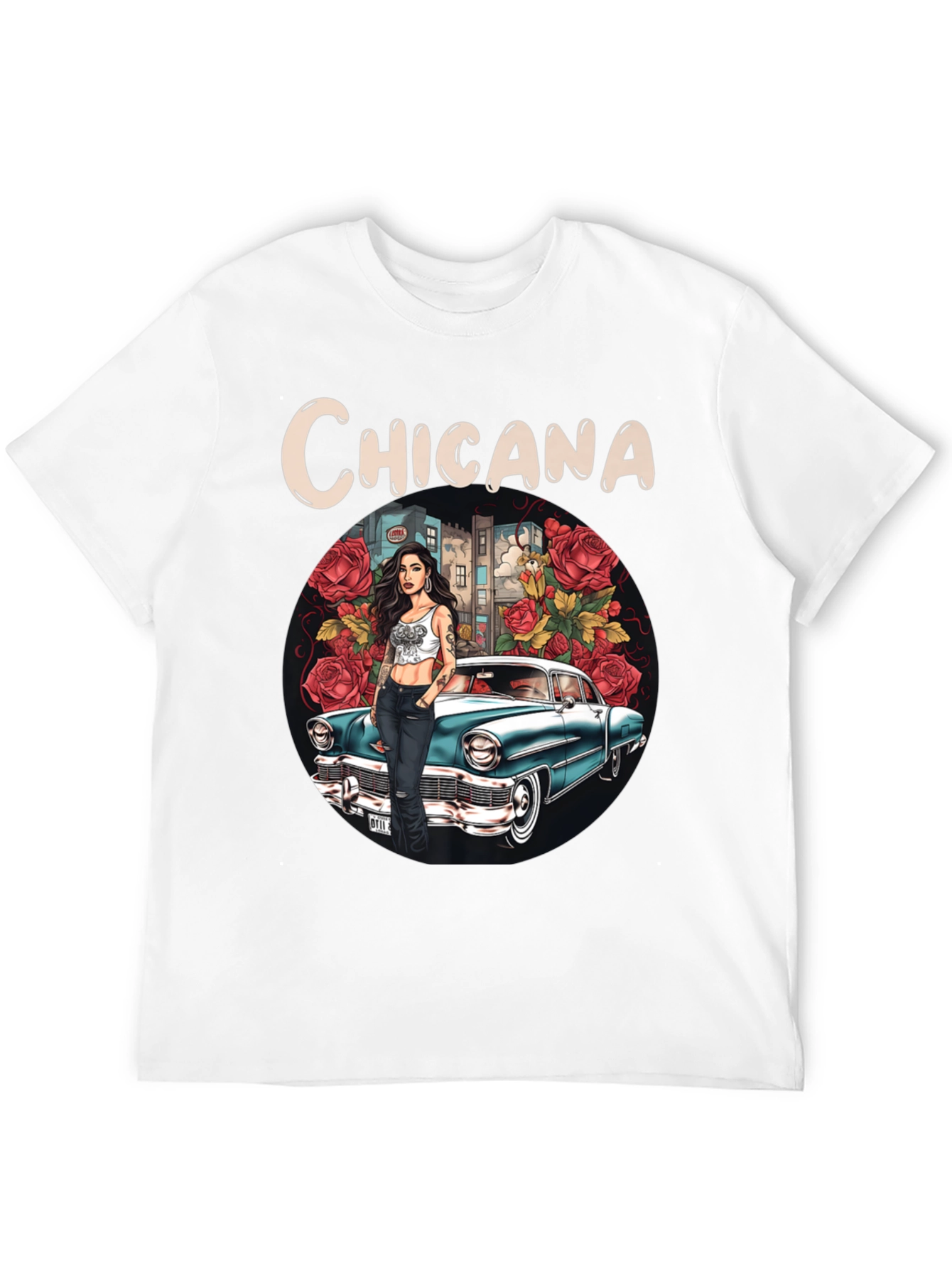 Chicana T-Shirt: Classic Car & Rose Design