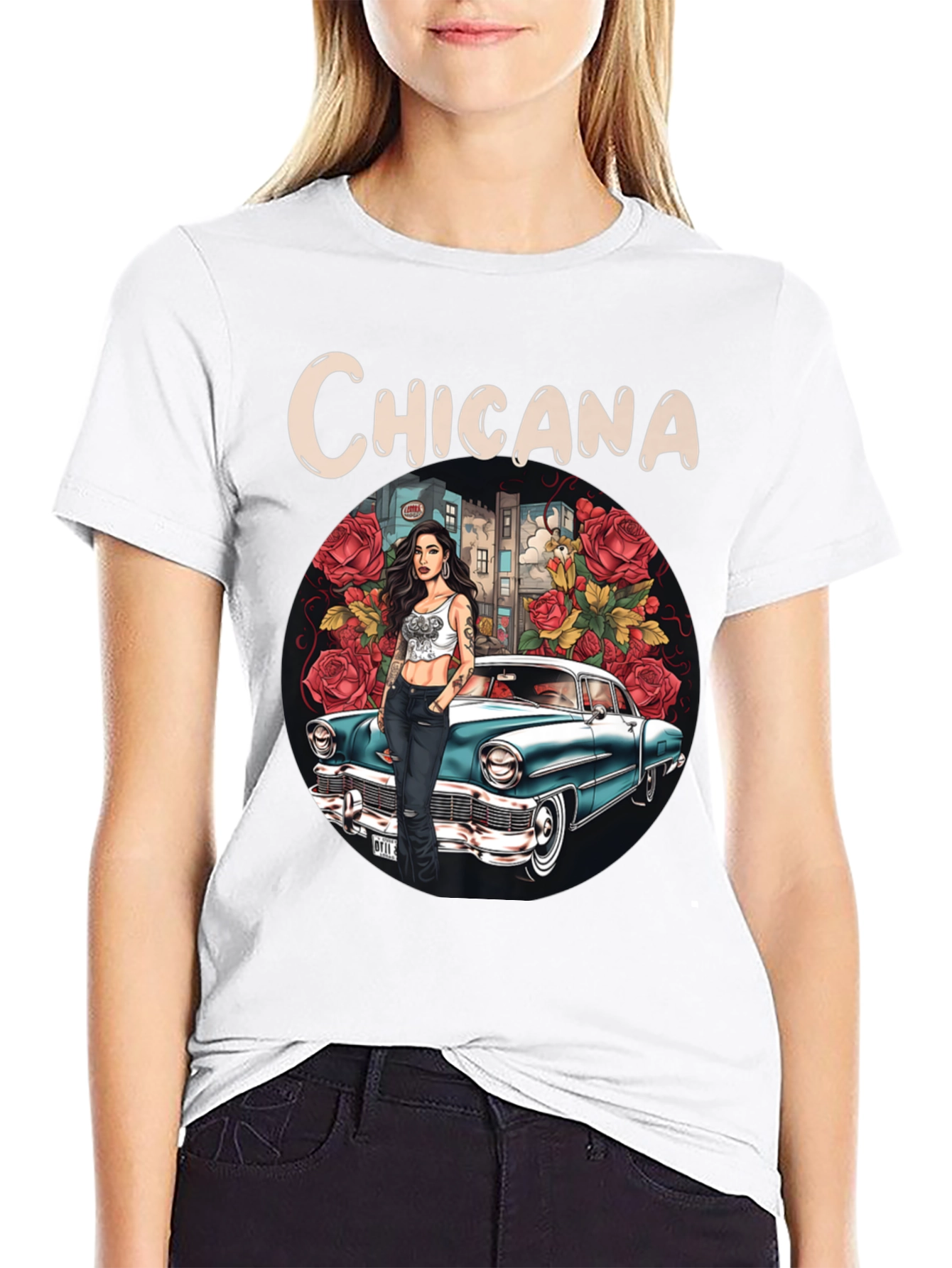 Chicana T-Shirt: Classic Car & Rose Design