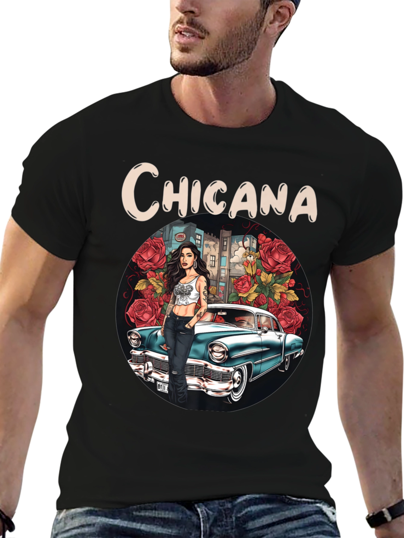 Chicana T-Shirt: Classic Car & Rose Design