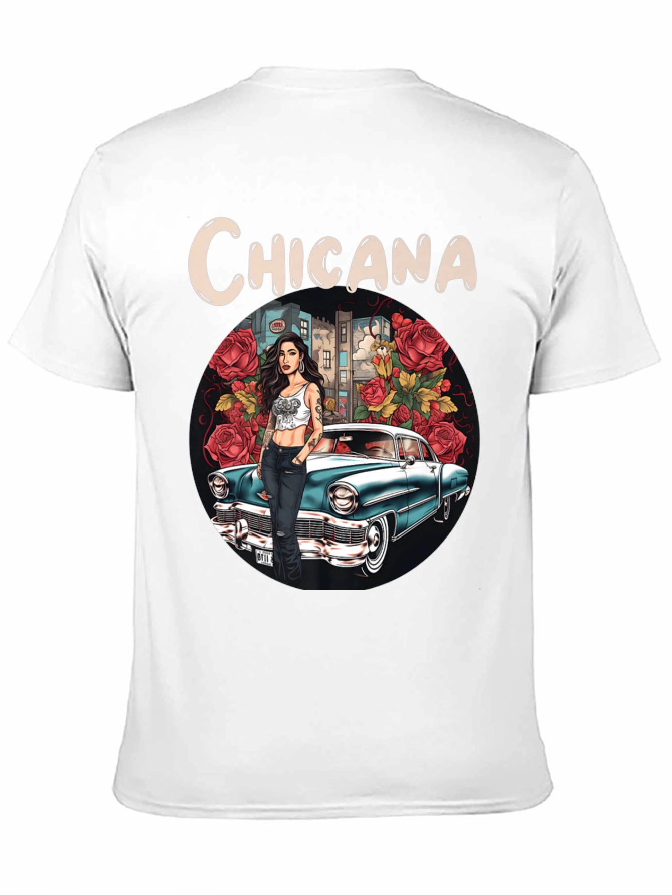 Chicana T-Shirt: Classic Car & Rose Design